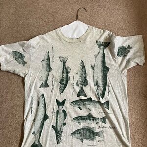 Vtg Green Fish Print T-Shirt